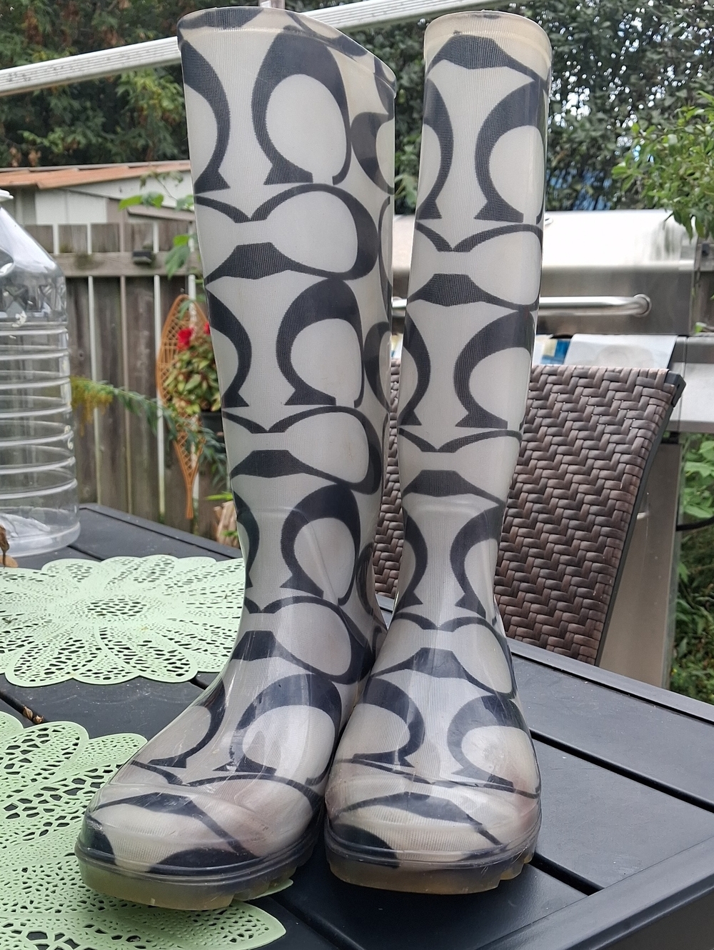 Coach Clear Sole Platform Rain Boots in Black and Cream